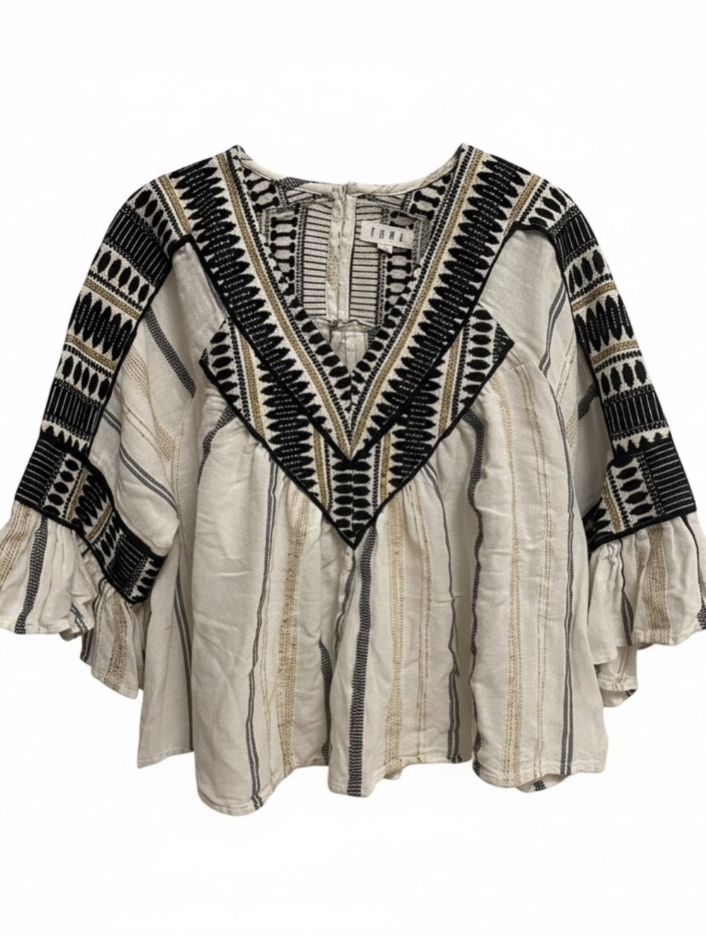 THML Ivory Tunic with Black Embroidered V-Yoke and Tan Stripes